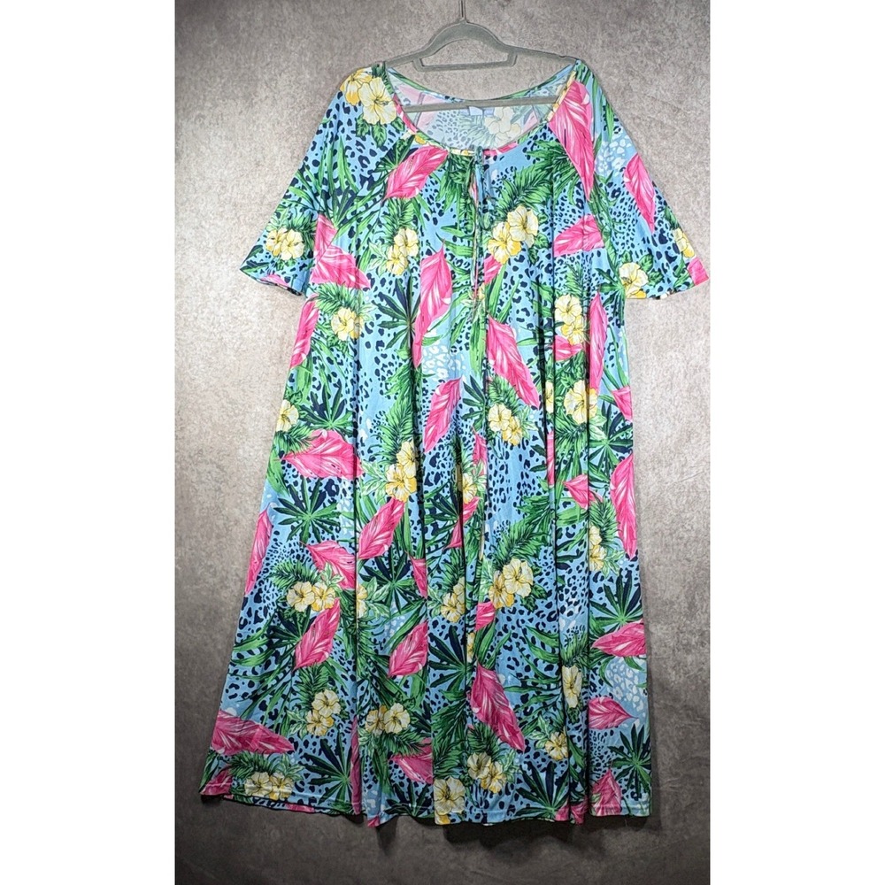 Only Necessities Nightgown Muumuu 3X Blue Tropical Floral Animal Print Lounge